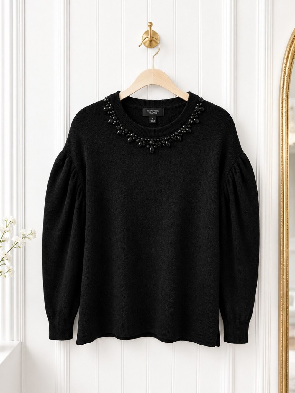 Simply Vera Vera Wang Black Embellished Puff Sleeve Sweater Medium Beaded Knit T - Picture 6 of 9